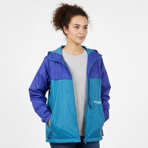 Columbia Women Large Packable Windbreaker Blue Teal Hooded Light Zip Jacket